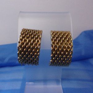 Gold Tone Chain Weave Crescent Hoop Clip Earrings